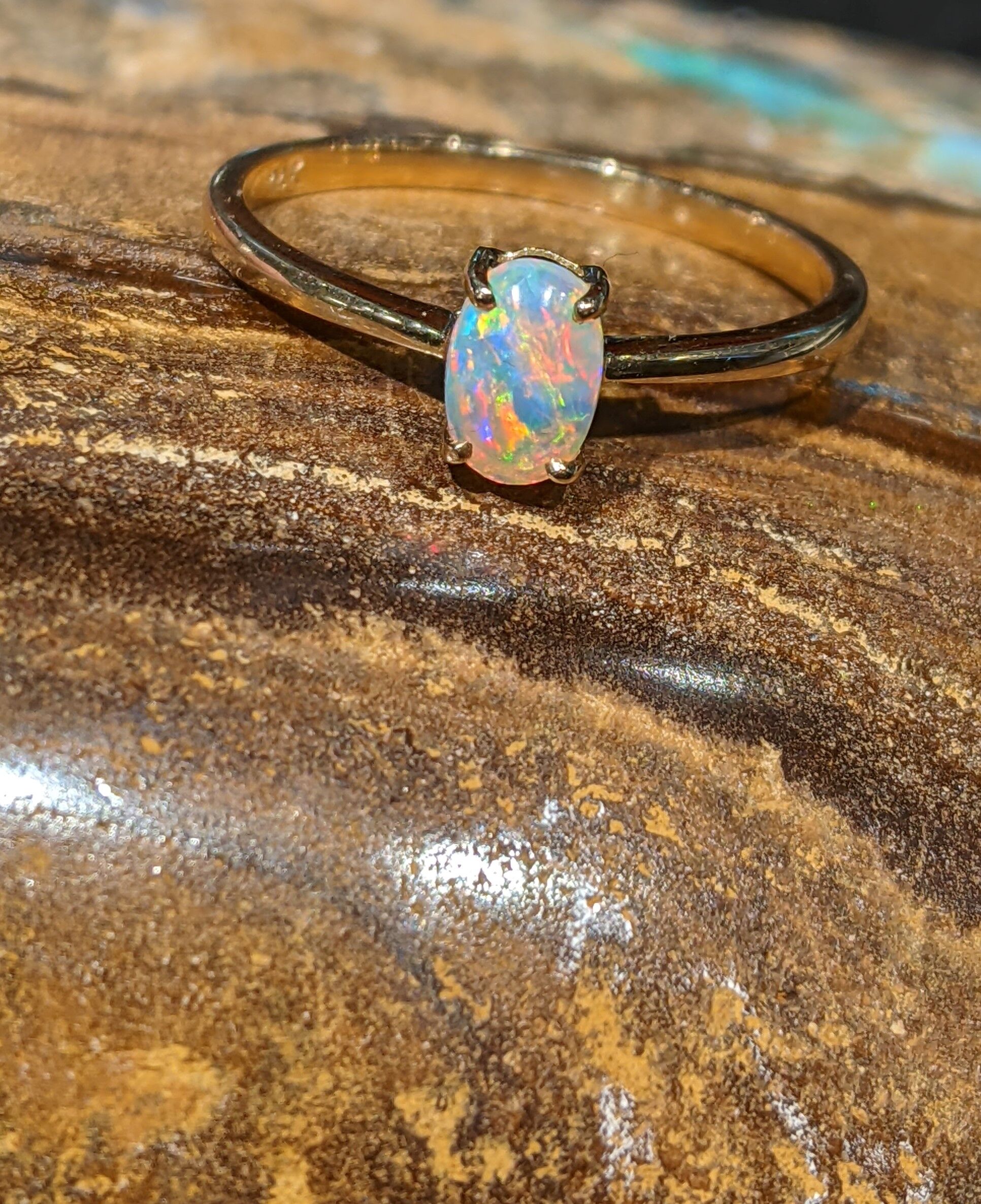 Solid White Crystal Opal 14K Yellow Gold Ring Unique Opal Mine
